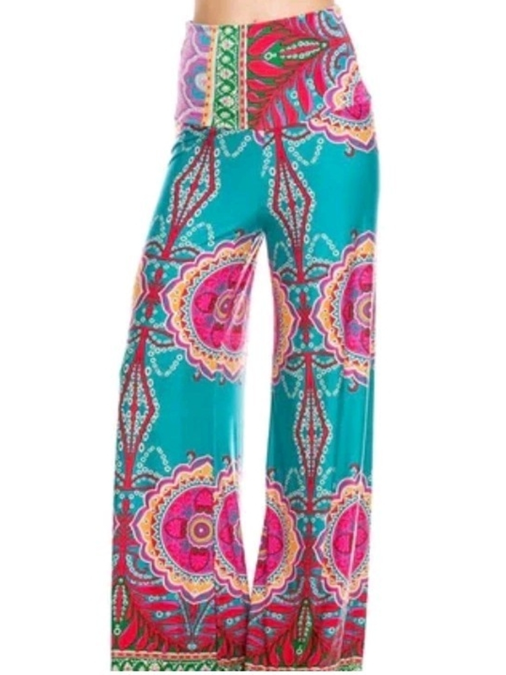 Yetts Colorful Bohemian Wide Leg Foldover Waist Printed Palazzo Pants